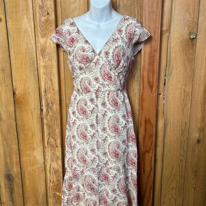 Jonathan Martin Pink and Red Wrap Midi Dress with Flutter Sleeves